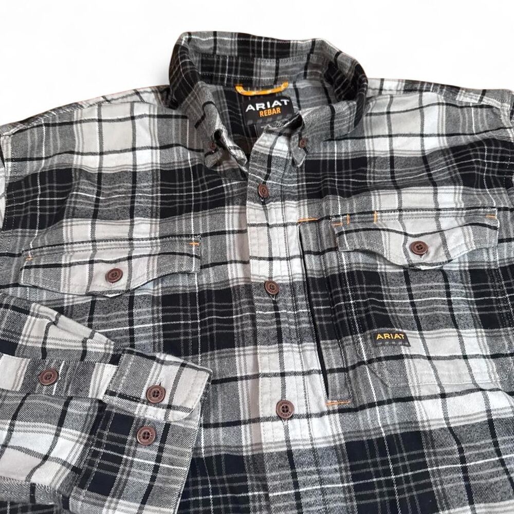 Ariat Rebar Men's Flannel DuraStretch Long Sleeve Gray Plaid Work Shirt Medium